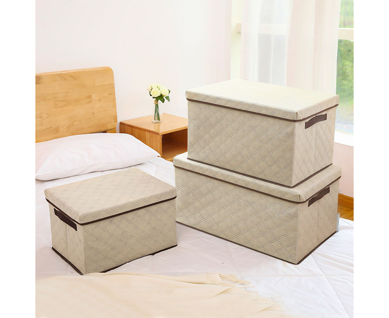 NNEAGS Medium Beige Non-Woven Diamond Quilt Grid Fabric Storage/Organizer Box