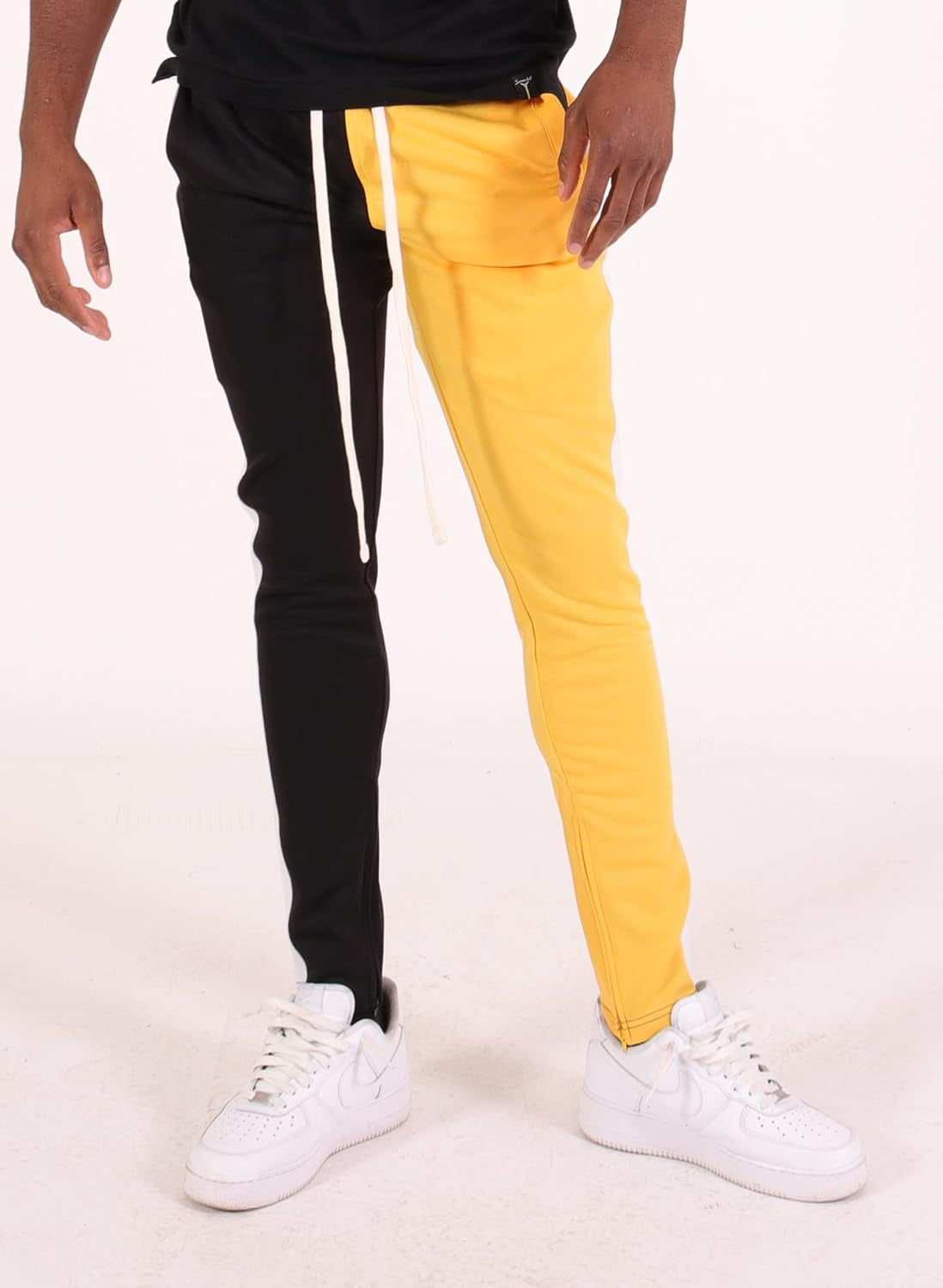 Mens Hip Hop Premium Slim Fit Track Pants - Athletic Jogger with Half Color Block Design and Side Taping - Black/Gold - Small