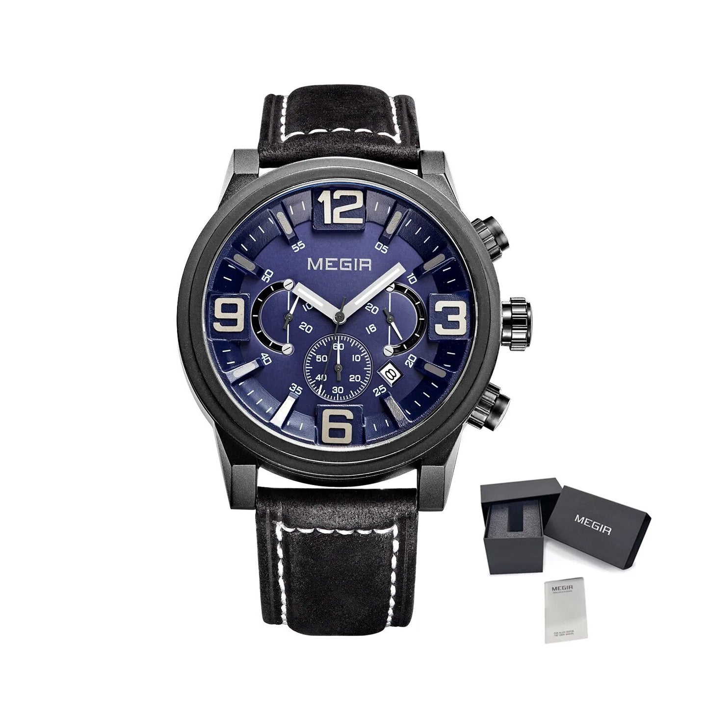 MEGIR Luxury Men's Watch Fashion Simple Casual Sports Watches for Mens Leather Strap Waterproof Quartz Chronograph Clock 3010