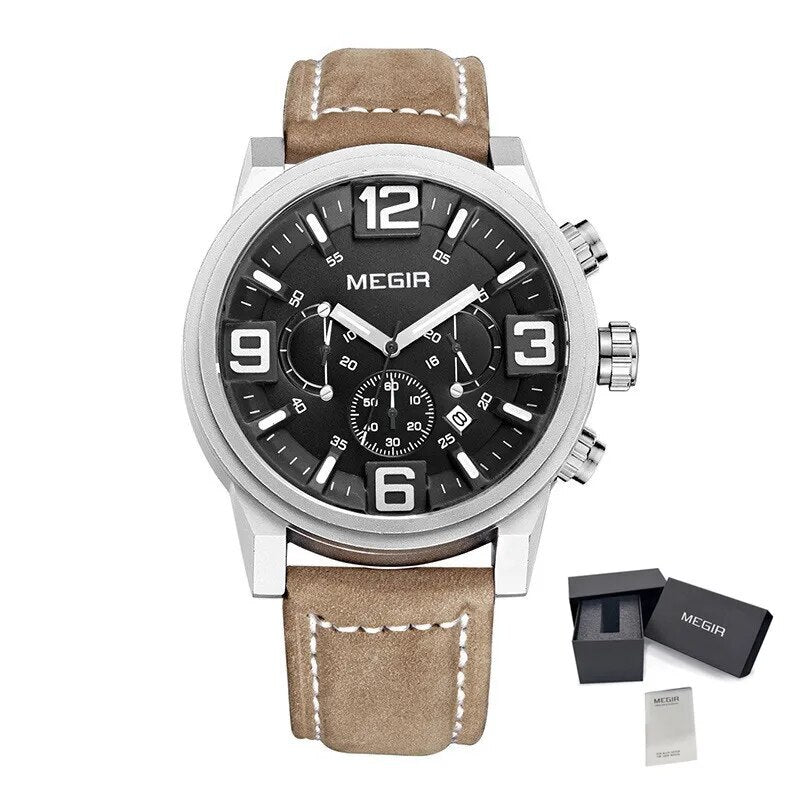 MEGIR Luxury Men's Watch Fashion Simple Casual Sports Watches for Mens Leather Strap Waterproof Quartz Chronograph Clock 3010