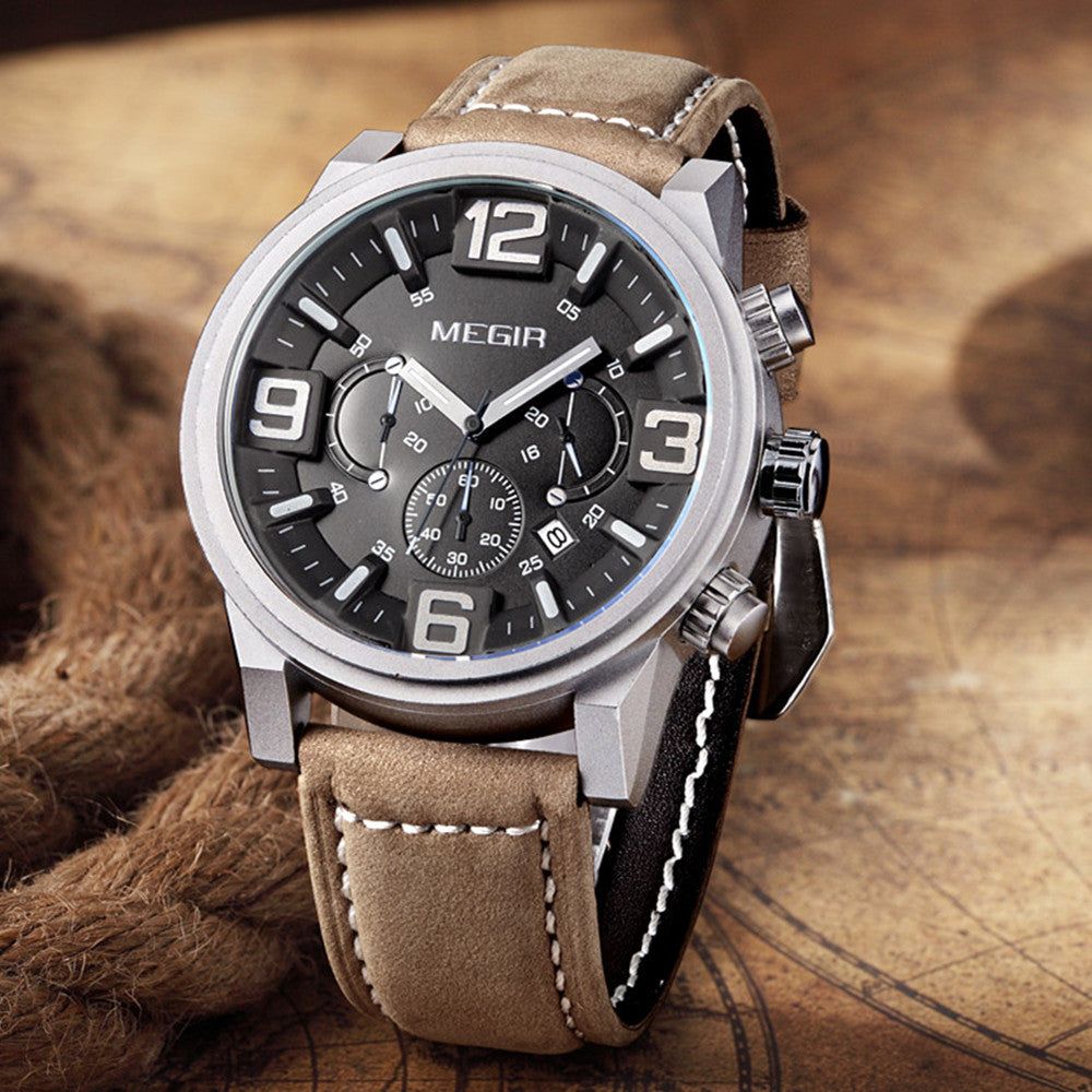 MEGIR Luxury Men's Watch Fashion Simple Casual Sports Watches for Mens Leather Strap Waterproof Quartz Chronograph Clock 3010