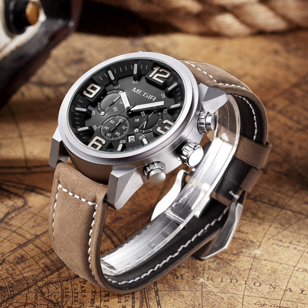 MEGIR Luxury Men's Watch Fashion Simple Casual Sports Watches for Mens Leather Strap Waterproof Quartz Chronograph Clock 3010