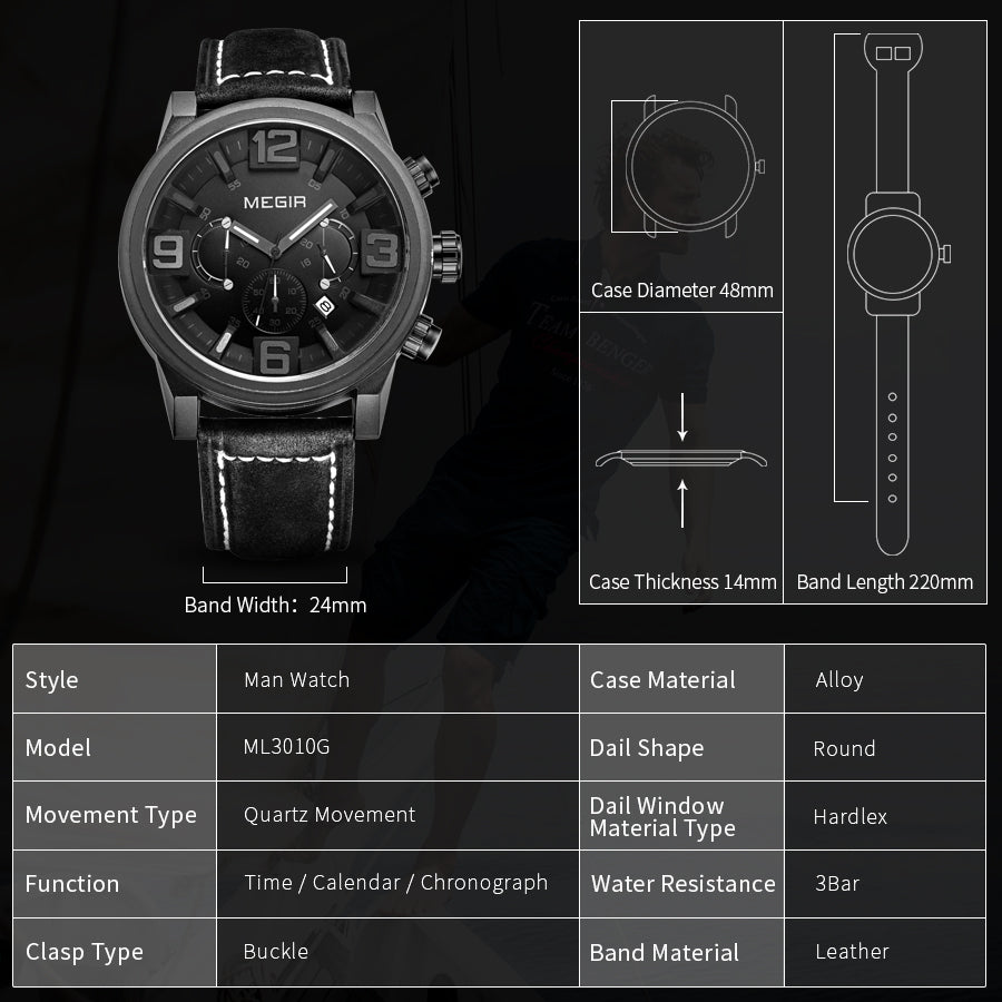 MEGIR Luxury Men's Watch Fashion Simple Casual Sports Watches for Mens Leather Strap Waterproof Quartz Chronograph Clock 3010