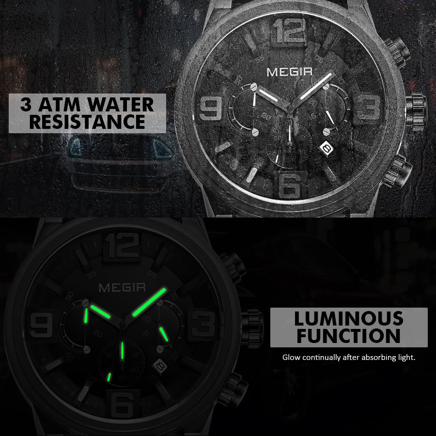 MEGIR Luxury Men's Watch Fashion Simple Casual Sports Watches for Mens Leather Strap Waterproof Quartz Chronograph Clock 3010