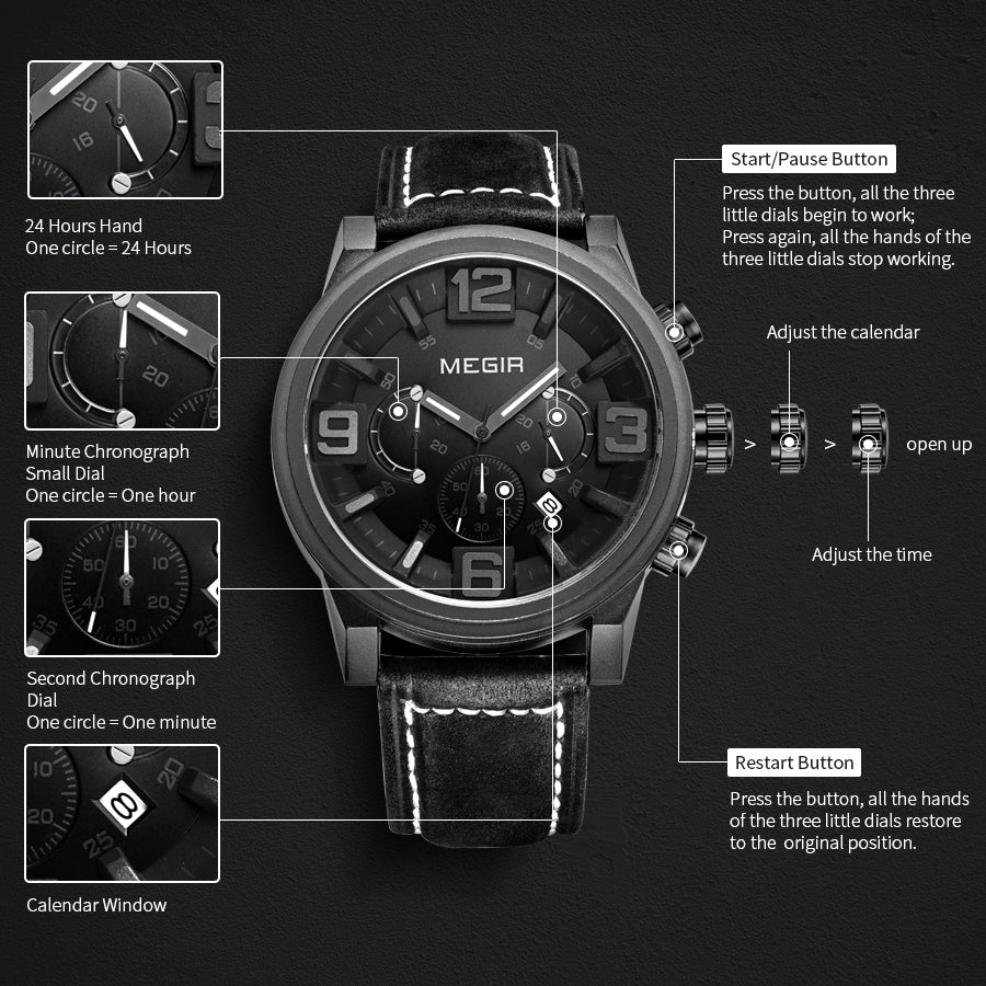 MEGIR Luxury Men's Watch Fashion Simple Casual Sports Watches for Mens Leather Strap Waterproof Quartz Chronograph Clock 3010