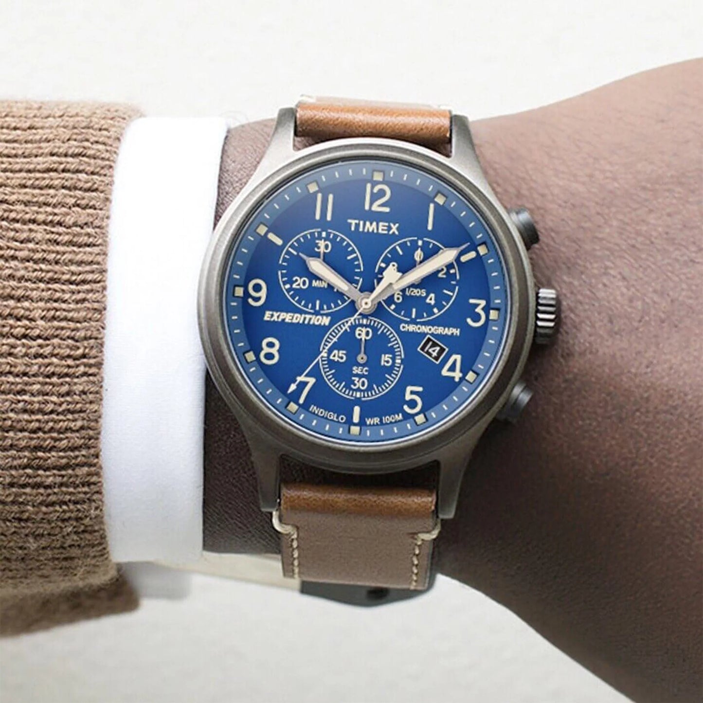 Timex Men's Brass Watch, Blue Dial, Brown Leather Strap | Tw4b09000-4