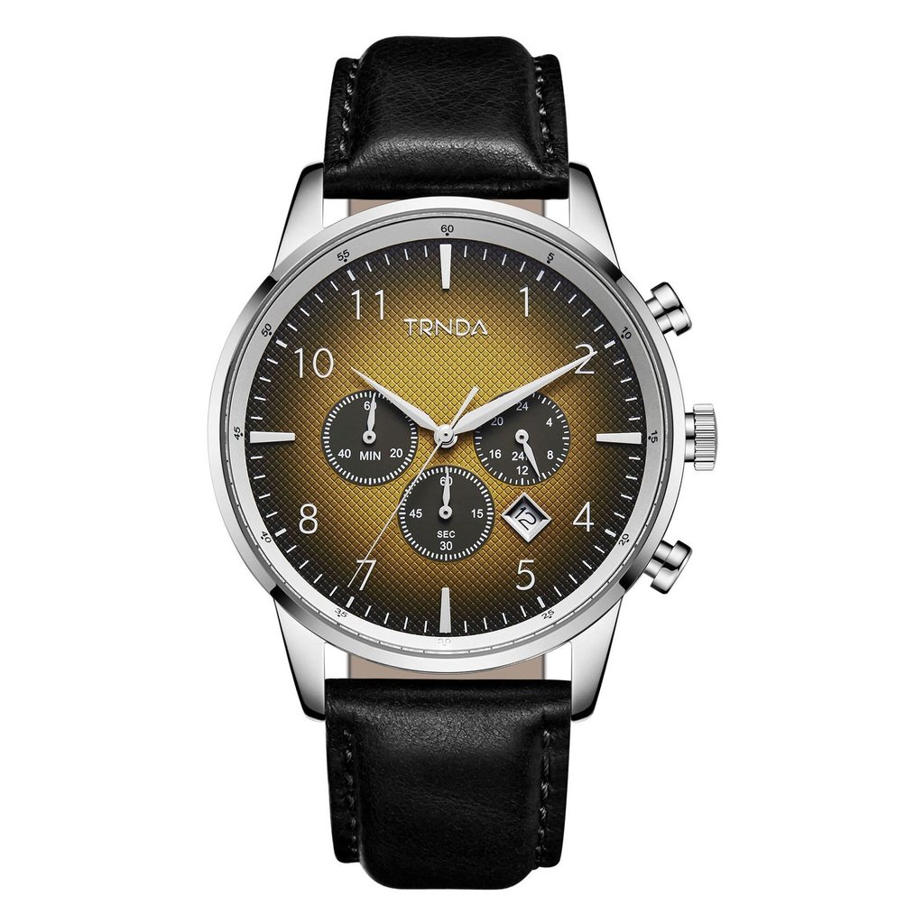 Trnda Men's Stainless Steel Watch, Black Leather Band | Trnda-001-0