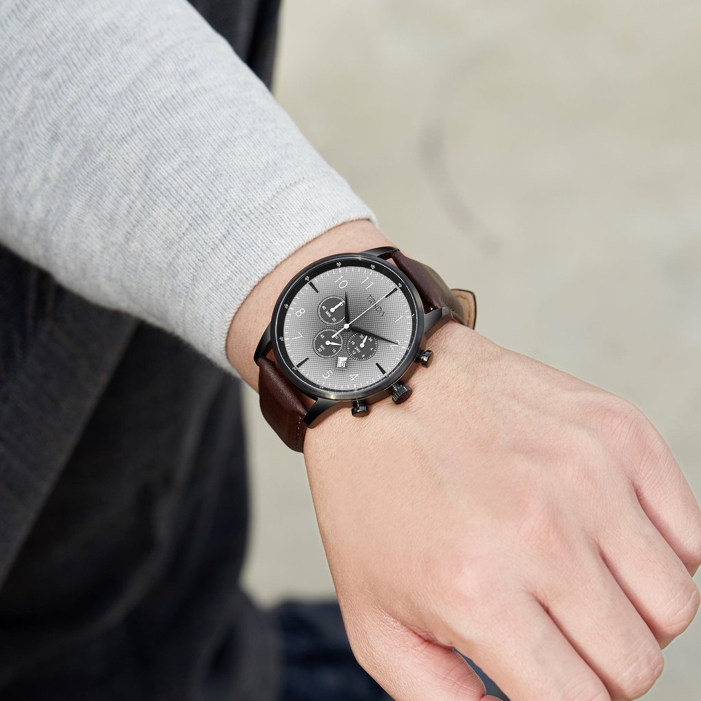 Trnda Men's Stainless Steel Black Watch, Brown Leather Band | Trnda-43mm