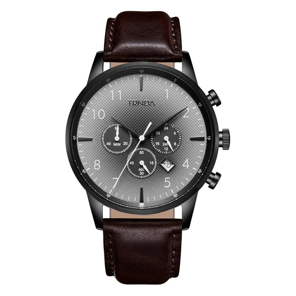 Trnda Men's Stainless Steel Black Watch, Brown Leather Band | Trnda-43mm