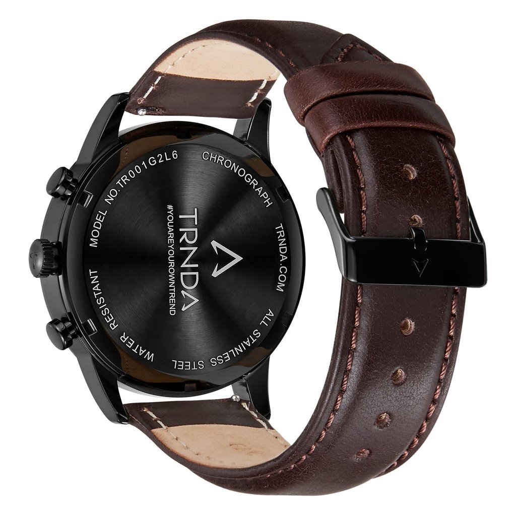 Trnda Men's Stainless Steel Black Watch, Brown Leather Band | Trnda-43mm