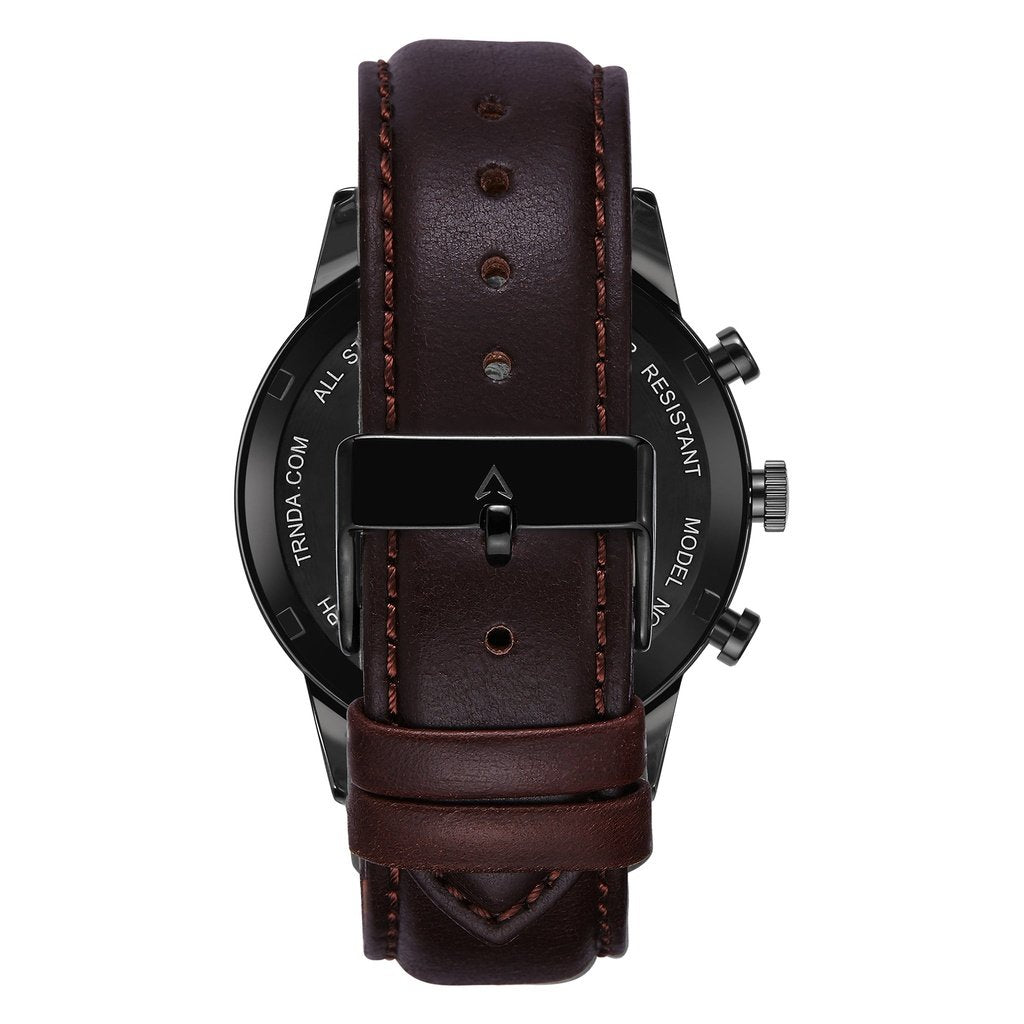 Trnda Men's Stainless Steel Black Watch, Brown Leather Band | Trnda-43mm