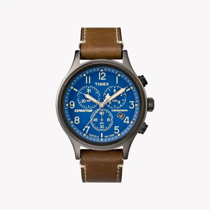 Timex Men's Brass Watch, Blue Dial, Brown Leather Strap | Tw4b09000-0