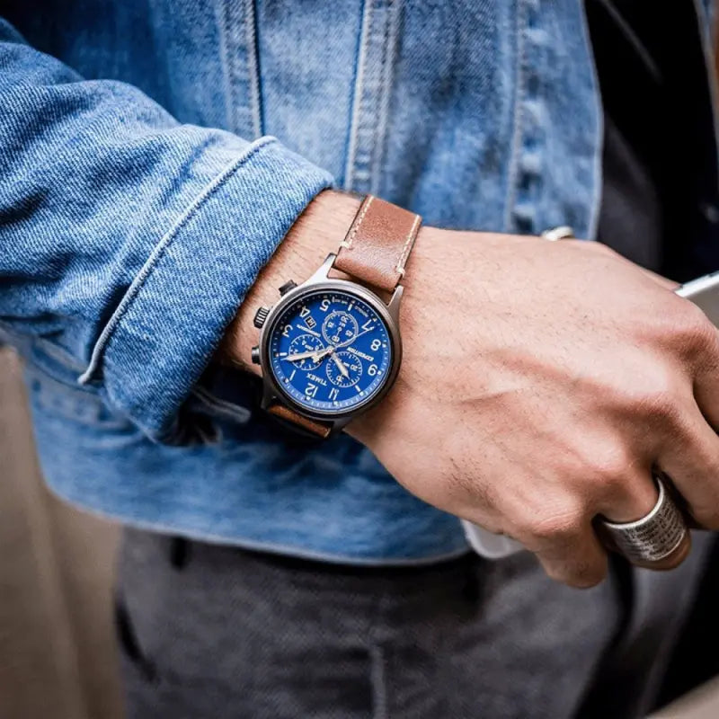 Timex Men's Brass Watch, Blue Dial, Brown Leather Strap | Tw4b09000-3