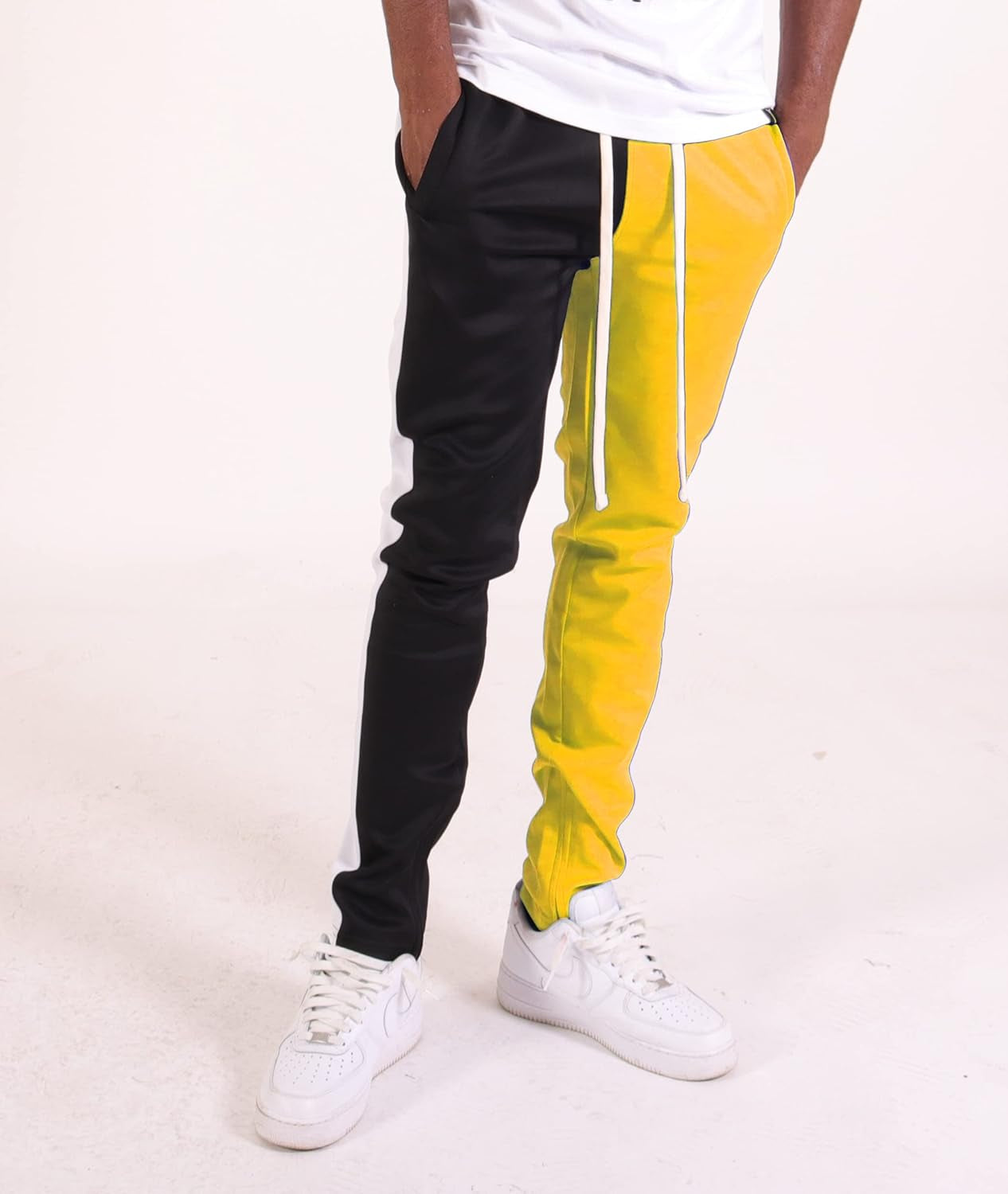 Mens Hip Hop Premium Slim Fit Track Pants - Athletic Jogger with Half Color Block Design and Side Taping - Black/Gold - Small