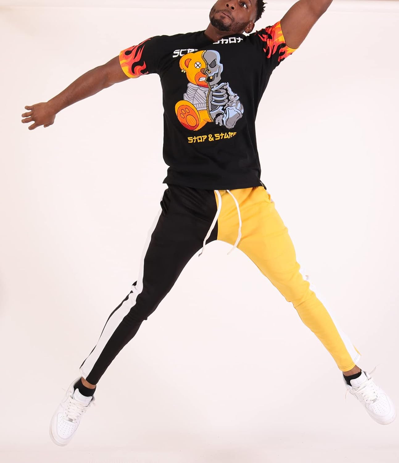 Mens Hip Hop Premium Slim Fit Track Pants - Athletic Jogger with Half Color Block Design and Side Taping - Black/Gold - Small