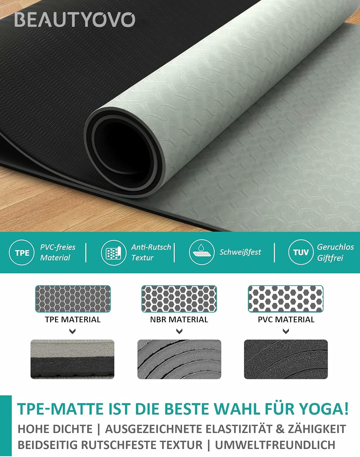 BEAUTYOVO Professional TPE Yoga Mat with Strap - Extra Thick 1/3 Inch Double-Sided Non-Slip Design for Yoga, Pilates, and Floor Exercises for Men and Women