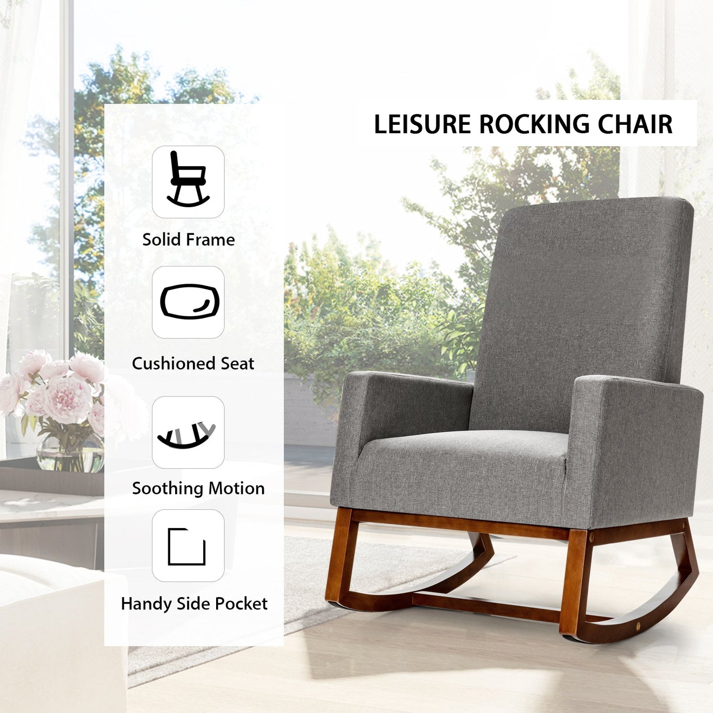 NNECW Modern Rocking Chair with Rubber Wood Base for Living Room-Grey