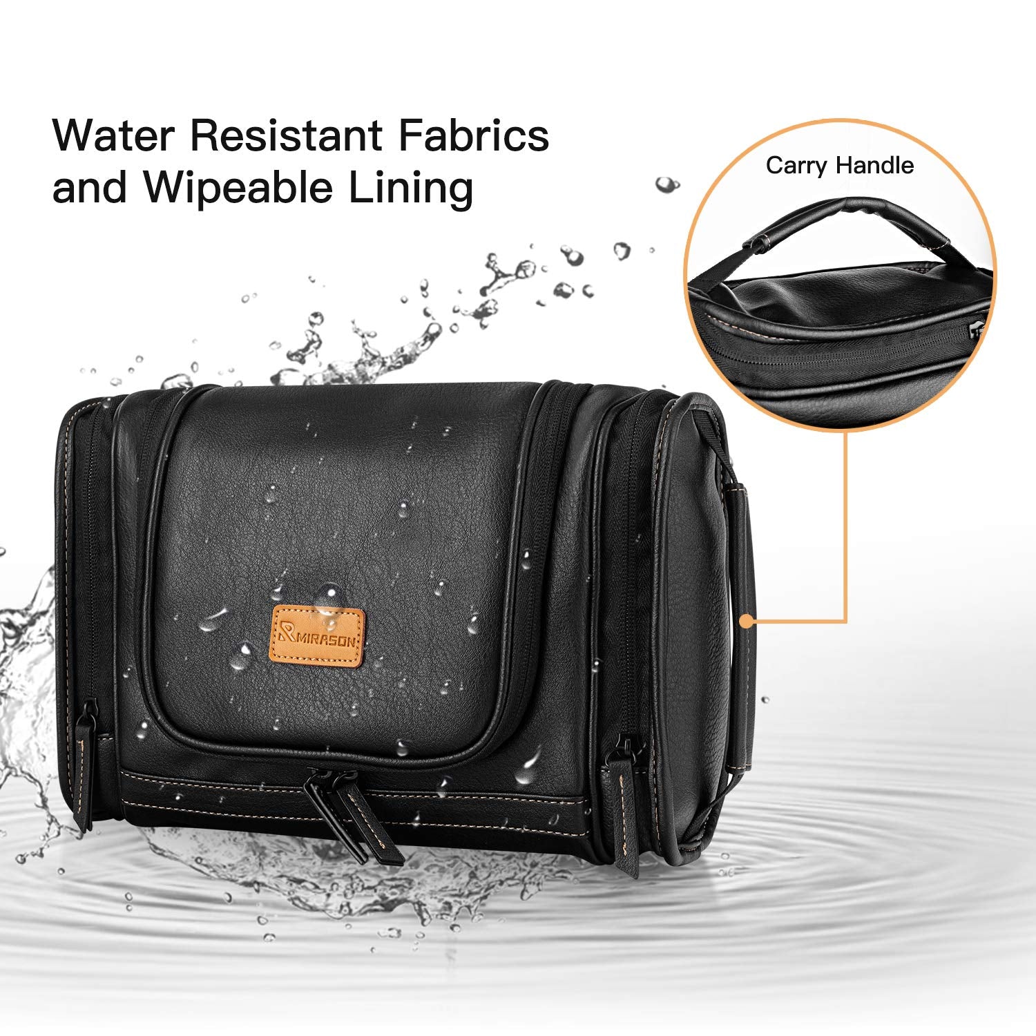 MIRASON Men's Leather Hanging Toiletry Bag - Travel Dopp Kit with Metal Hook for Toiletries (Black)
