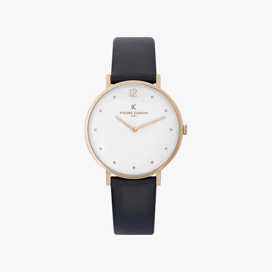 Pierre Cardin Women's Black Leather Watch, White Dial | Cbv.1014-0