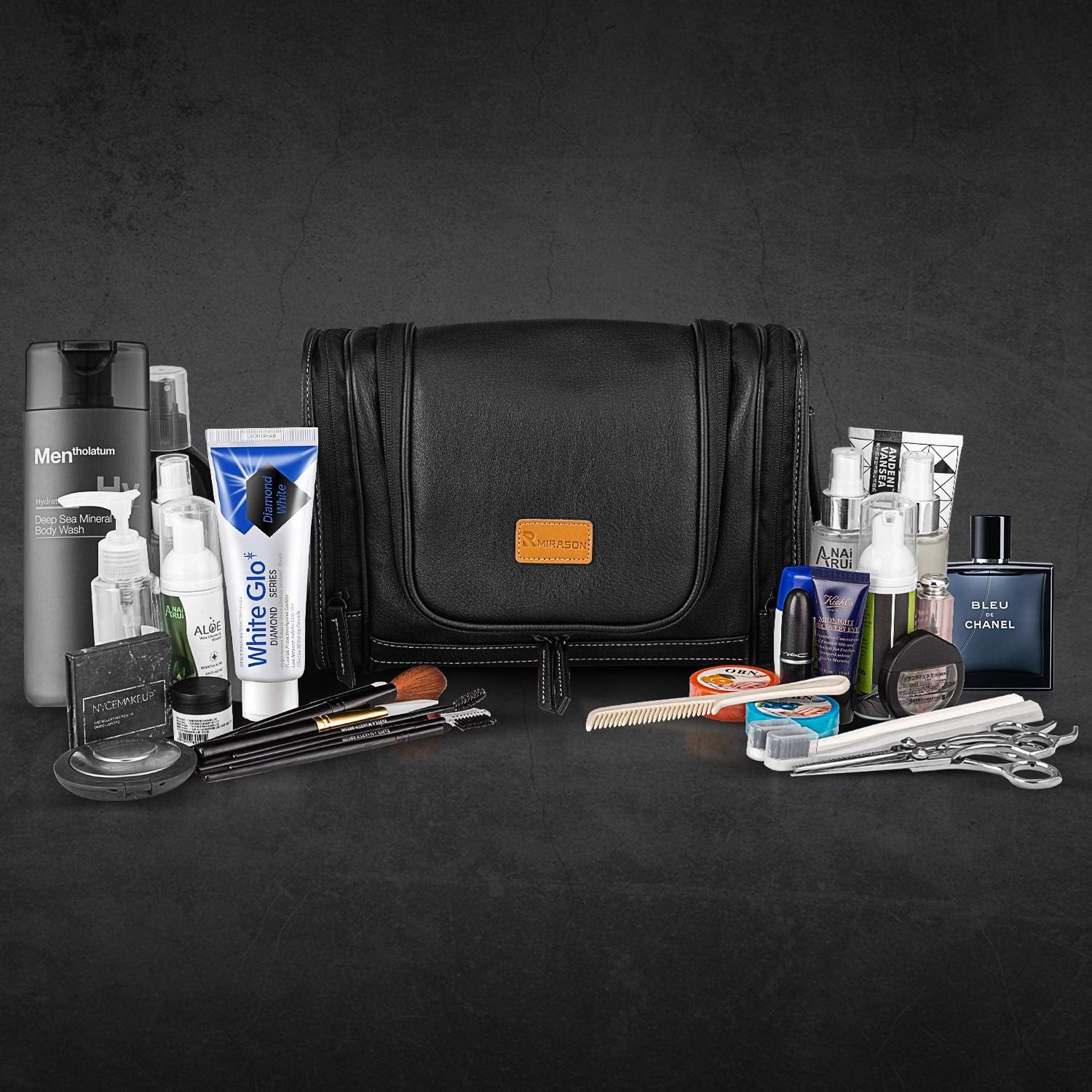 MIRASON Men's Leather Hanging Toiletry Bag - Travel Dopp Kit with Metal Hook for Toiletries (Black)