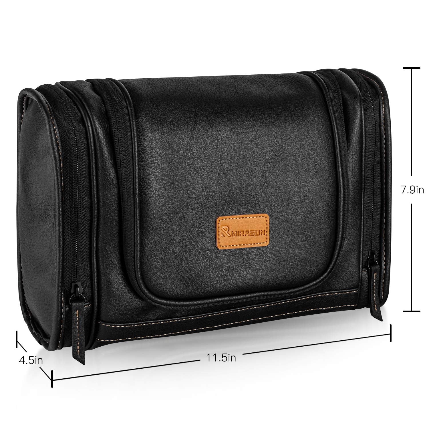 MIRASON Men's Leather Hanging Toiletry Bag - Travel Dopp Kit with Metal Hook for Toiletries (Black)