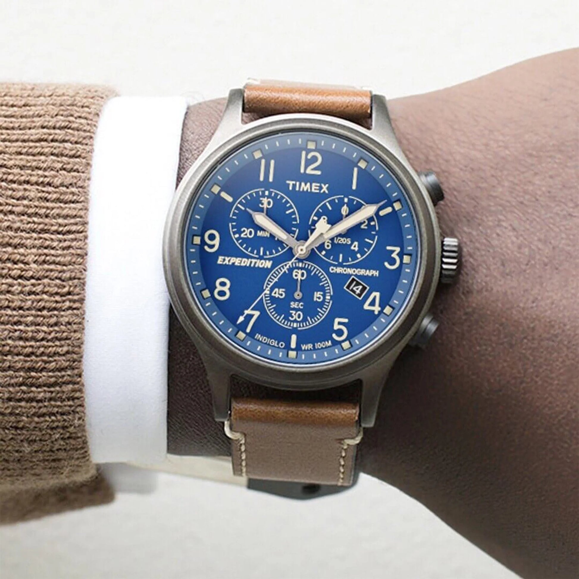 Timex Men's Brass Watch, Blue Dial, Brown Leather Strap | Tw4b09000-4