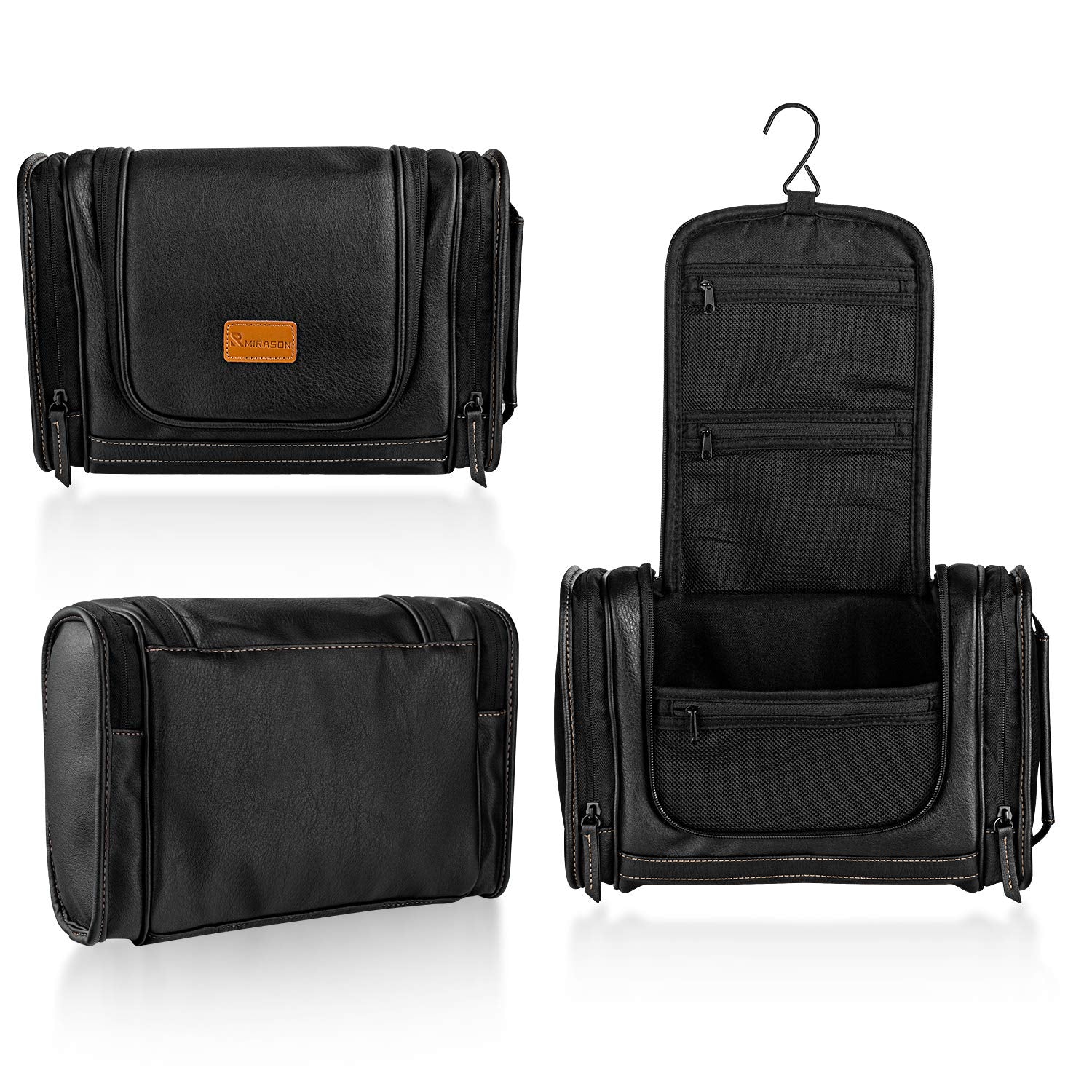 MIRASON Men's Leather Hanging Toiletry Bag - Travel Dopp Kit with Metal Hook for Toiletries (Black)