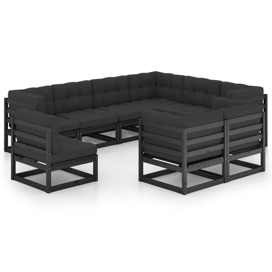 NNEVL 9 Piece Garden Lounge Set with Cushions Black Solid Pinewood
