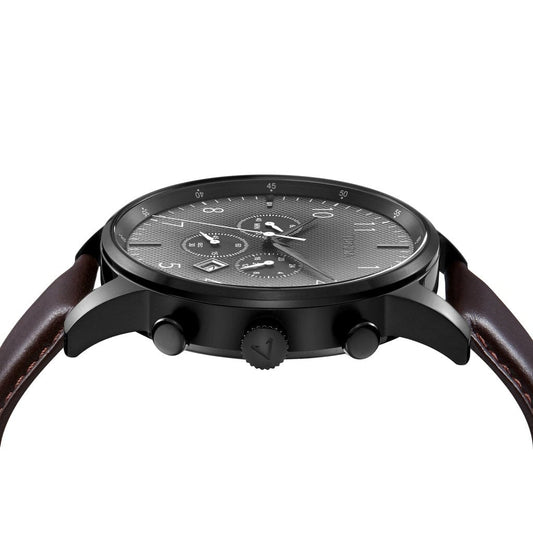 Trnda Men's Stainless Steel Black Watch, Brown Leather Band | Trnda-43mm