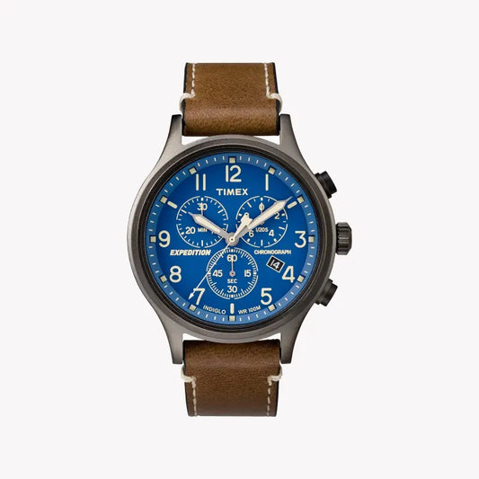 Timex Men's Brass Watch, Blue Dial, Brown Leather Strap | Tw4b09000-0