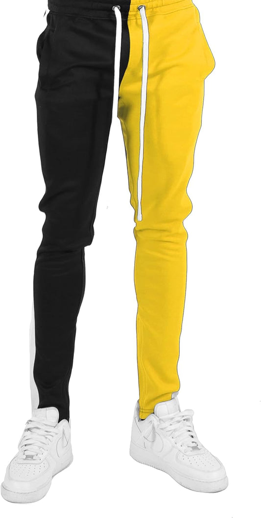 Mens Hip Hop Premium Slim Fit Track Pants - Athletic Jogger with Half Color Block Design and Side Taping - Black/Gold - Small
