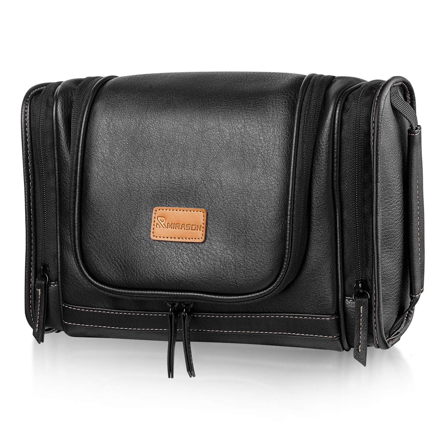 MIRASON Men's Leather Hanging Toiletry Bag - Travel Dopp Kit with Metal Hook for Toiletries (Black)