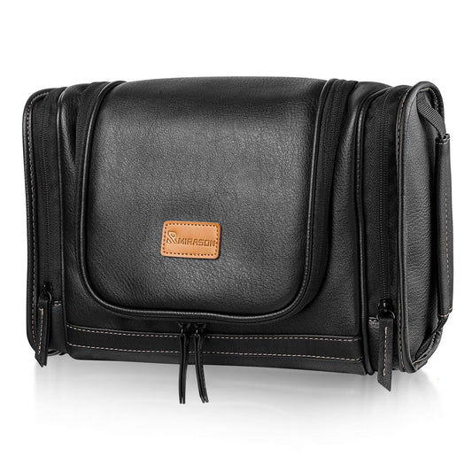 MIRASON Men's Leather Hanging Toiletry Bag - Travel Dopp Kit with Metal Hook for Toiletries (Black)
