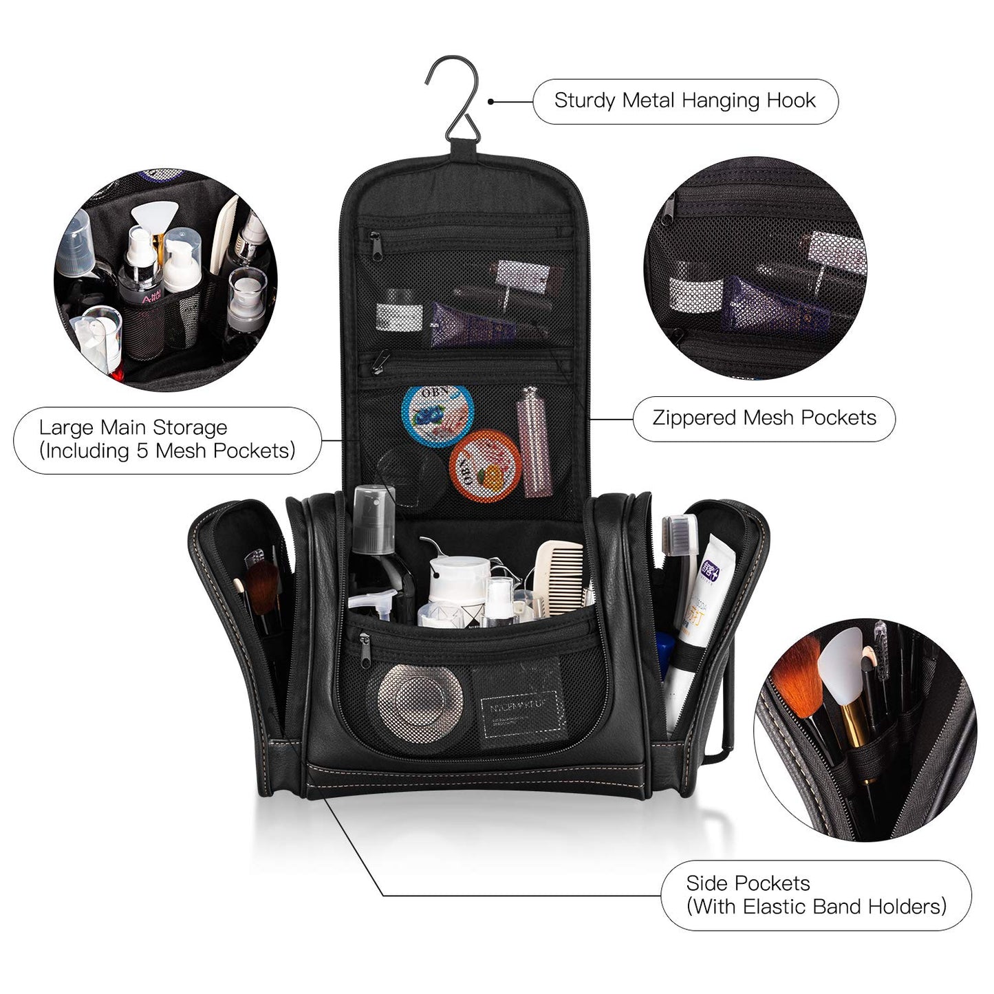 MIRASON Men's Leather Hanging Toiletry Bag - Travel Dopp Kit with Metal Hook for Toiletries (Black)