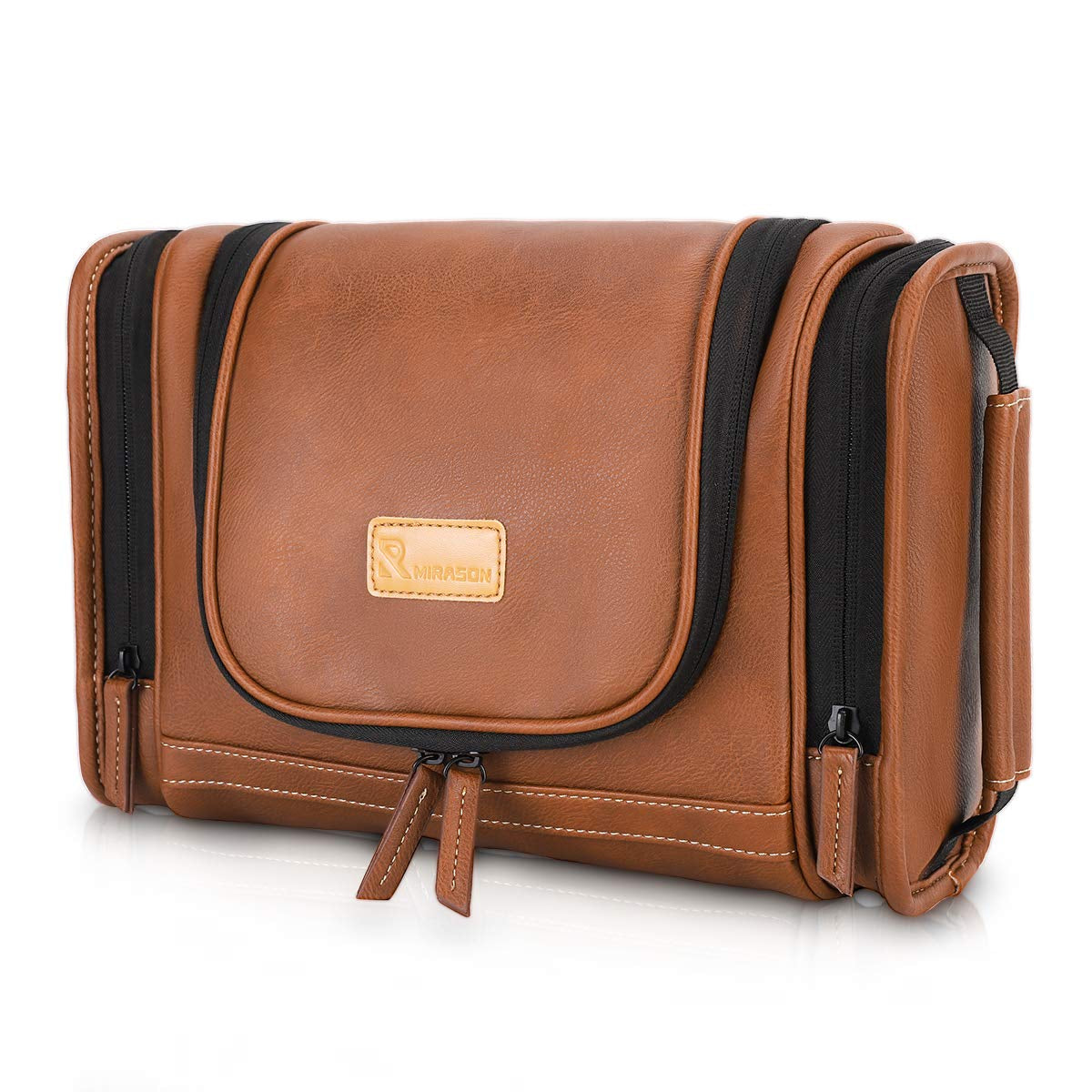 MIRASON Men's Leather Hanging Toiletry Bag - Travel Dopp Kit with Metal Hook for Toiletries (Black)